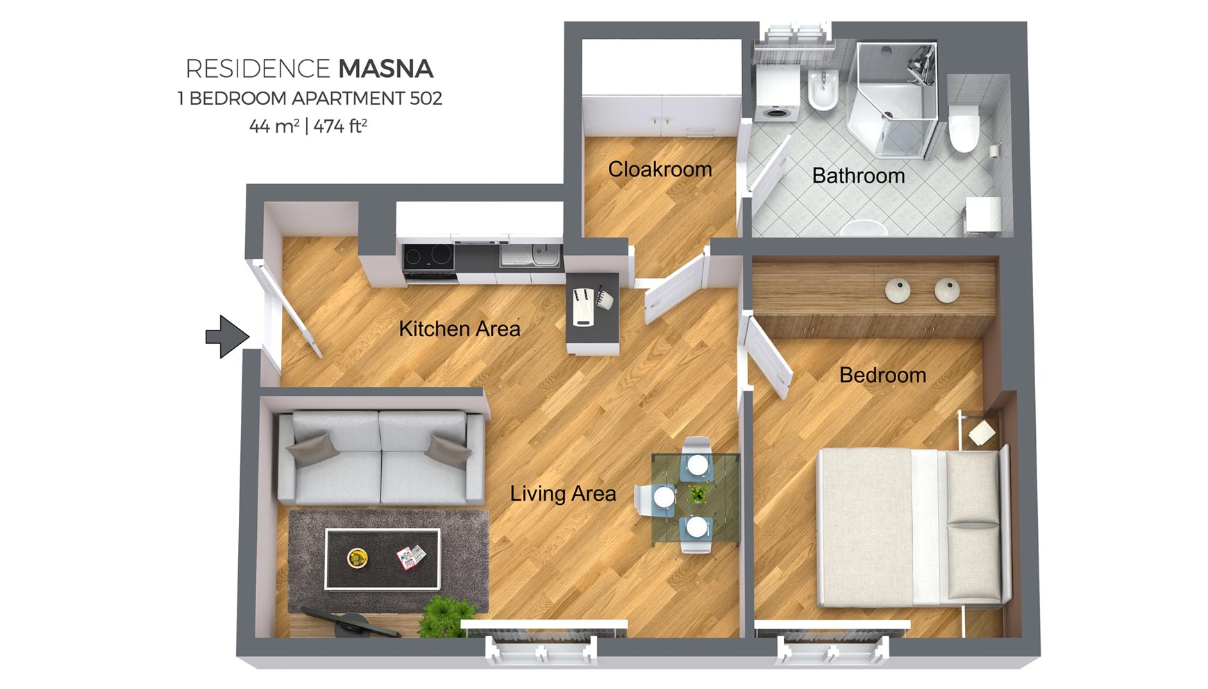 Floorplan of a one bedroom apartment type 4 in Residence Masna