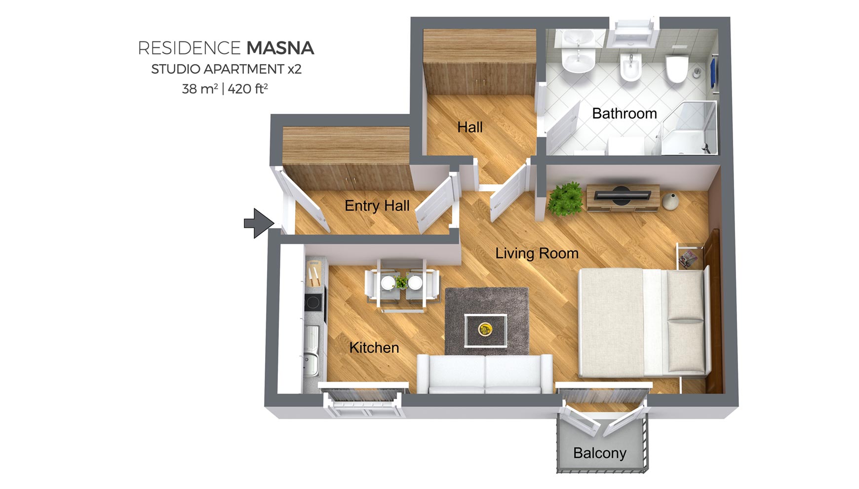 Floorplan of a studio apartment type 2 in Residence Masna